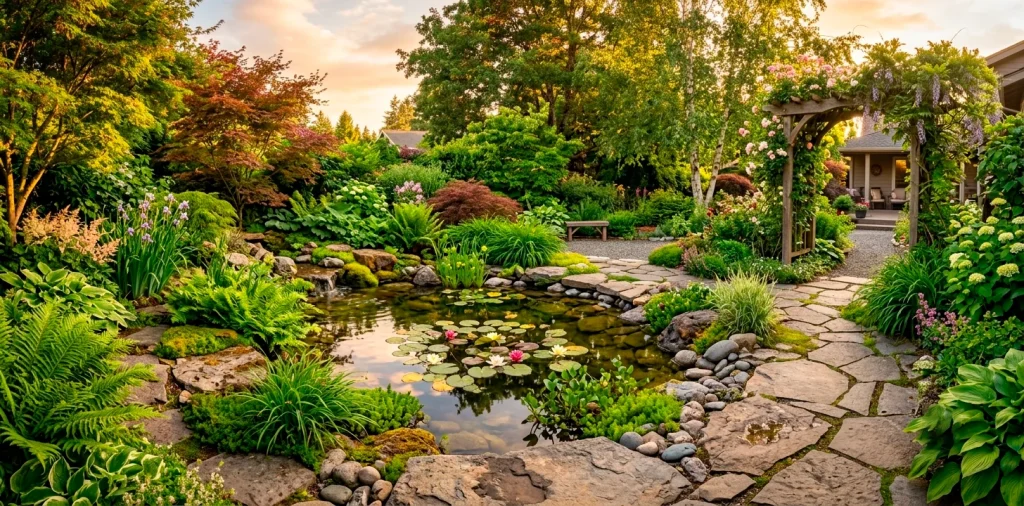 Beautiful small backyard DIY pond surrounded by rocks and lush green plants at sunset