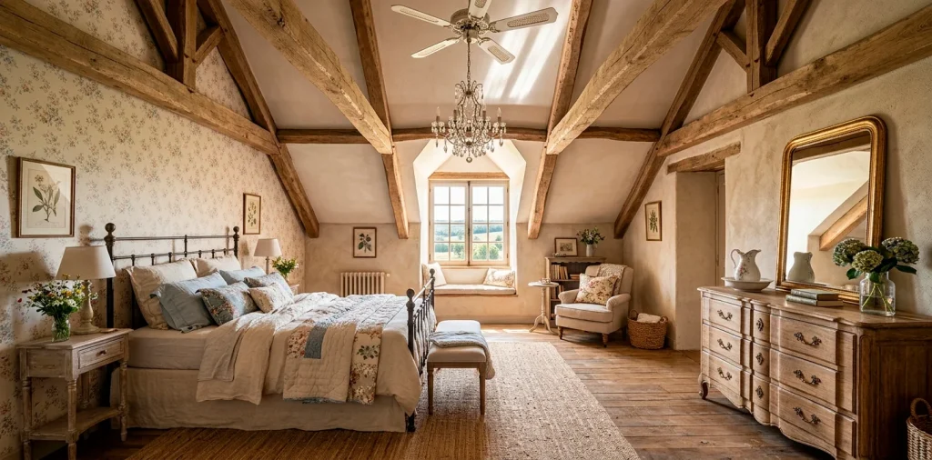 Bright French Country attic master bedroom featuring rustic exposed wooden beams and antique iron bed.