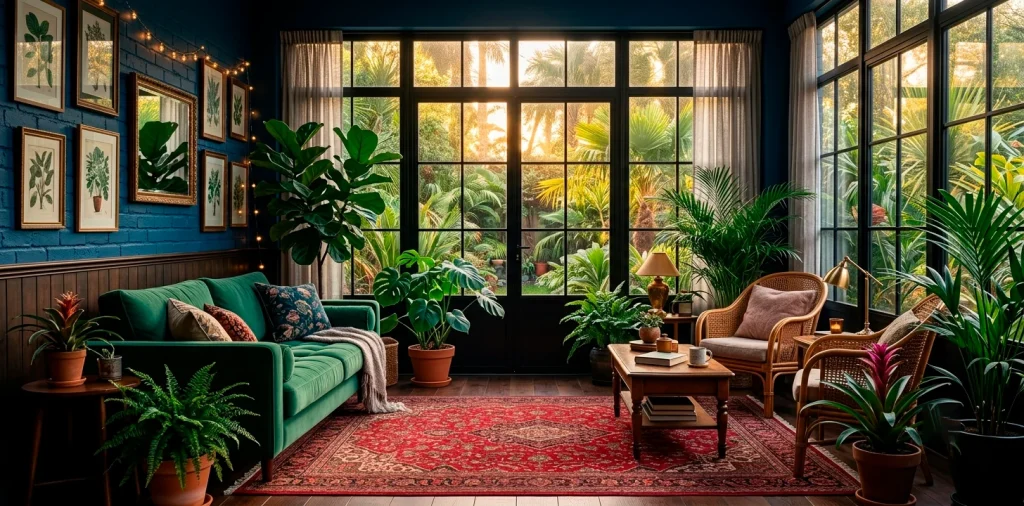 Wide view of a moody jewel-toned sunroom featuring an emerald green sofa and deep sapphire walls