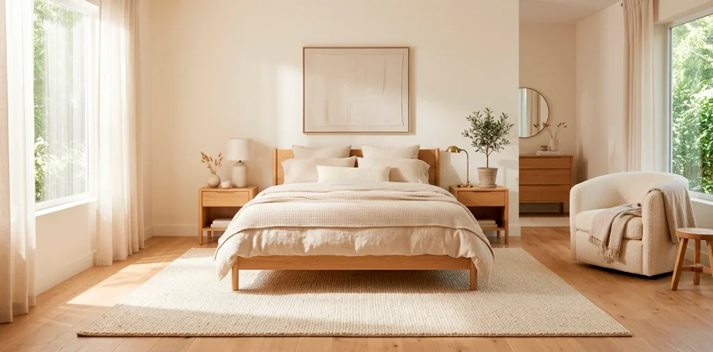 Wide view of a warm minimalist bedroom featuring a natural oak platform bed and cream layered bedding.