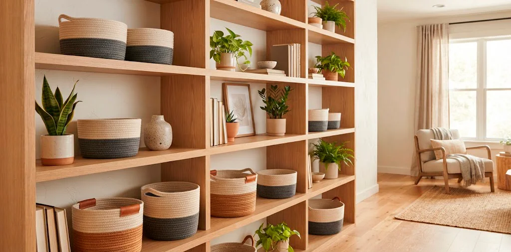 Stylishly organized wooden open shelves featuring handmade coiled rope baskets and small potted plants.