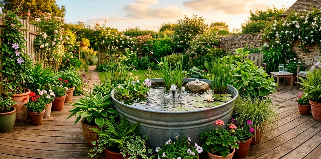 A stunning patio container pond in a galvanized tub surrounded by lush potted plants on a wooden deck during golden hour.