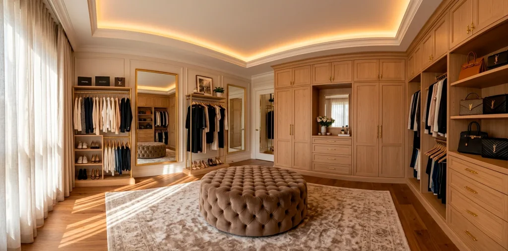 Tufted velvet luxury ottoman in a bright modern dressing room with custom cabinetry