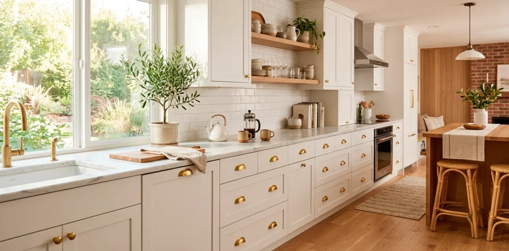 Beautiful modern brushed brass cabinet hardware upgrading a stylish rental kitchen with white cabinets