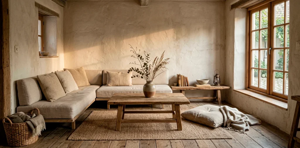 A cozy small living room styled in wabi-sabi aesthetic with textured plaster walls and natural wood furniture.