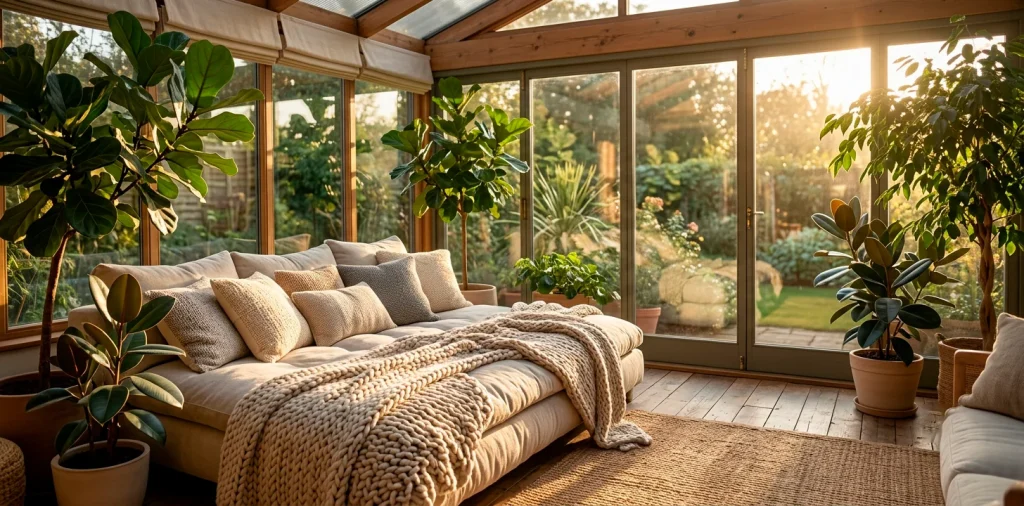 Cozy sunroom with a plush daybed piled with blankets and pillows bathed in golden afternoon sunlight.