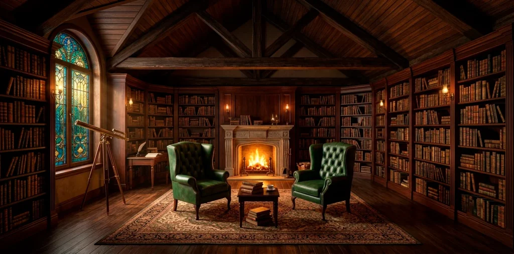 Moody Dark Academia attic library with floor-to-ceiling mahogany bookshelves and emerald leather chairs.