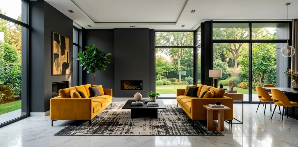 Wide view of a bold living room with charcoal walls and mustard yellow sofas