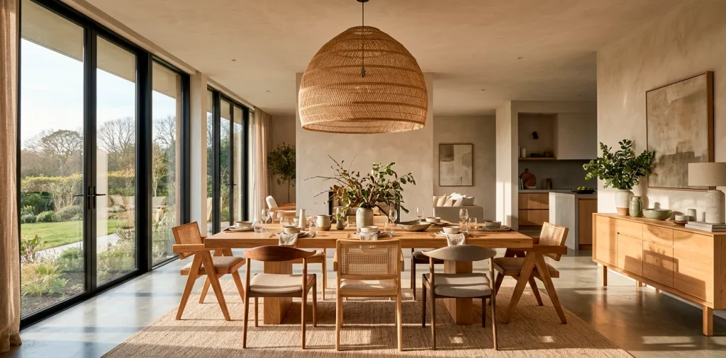 Large woven rattan pendant light hanging over a modern oak dining table in a sunlit room