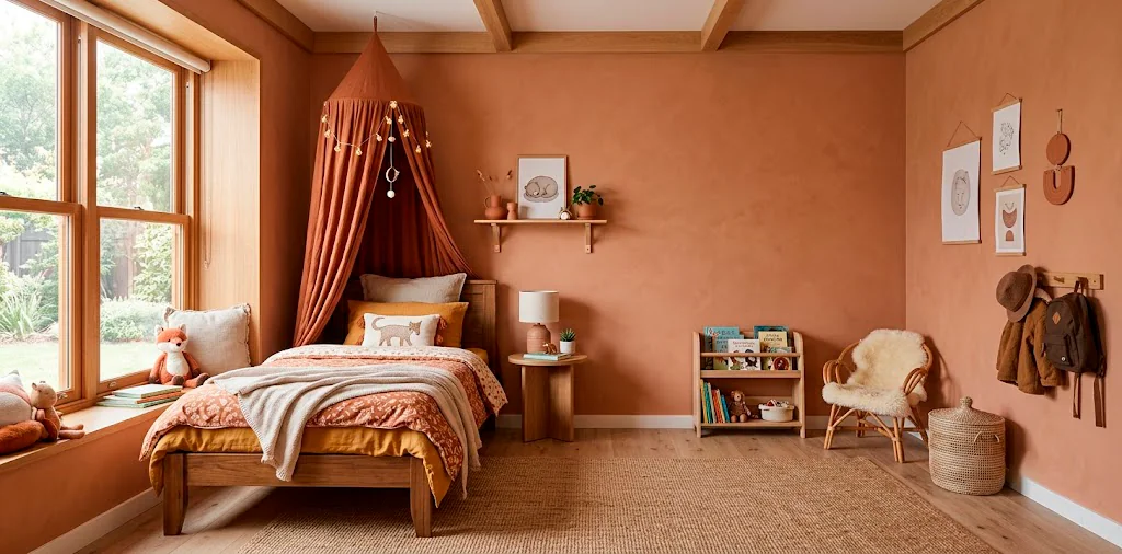 Cozy kids bedroom featuring terracotta walls and rust-colored decor elements