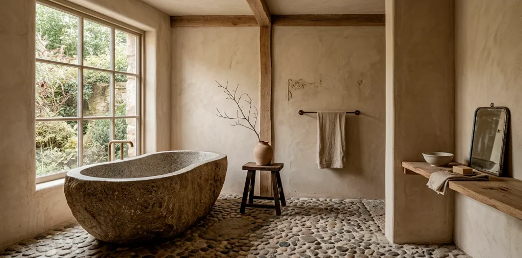 Serene wabi-sabi bathroom interior featuring a rough natural stone tub and warm limewash textured walls.