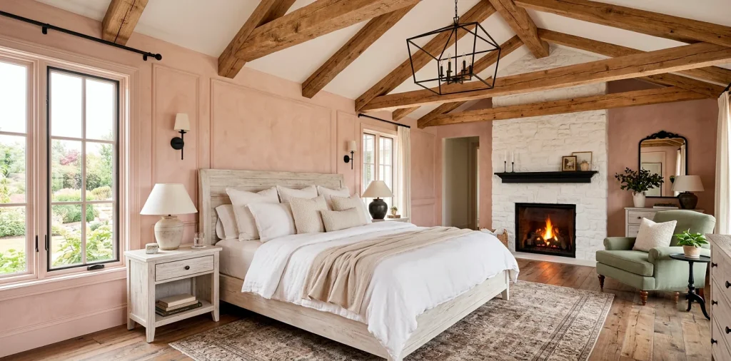 Luxurious modern French Country bedroom featuring exposed beams and sleek metal accents.