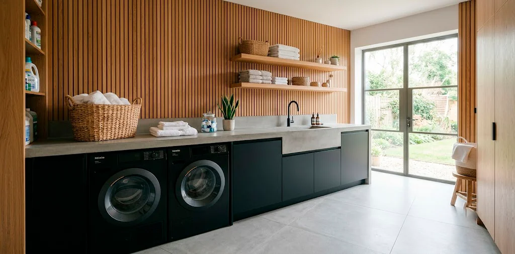 Modern laundry room with warm wood slat wall and matte black washer appliances.