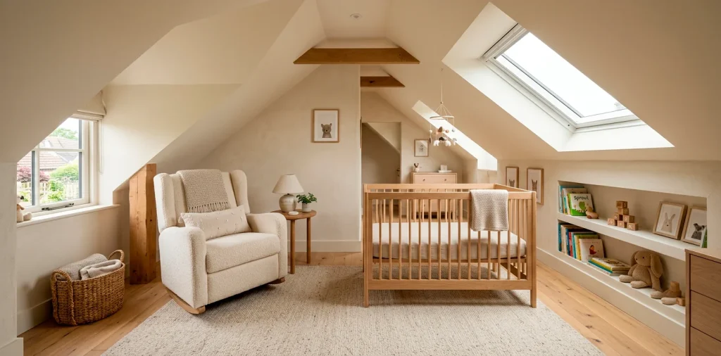 Cozy oatmeal and cream attic nursery with sloped ceilings and skylight