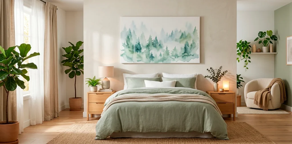 Serene bedroom featuring soft biophilic art prints, sage green bedding, and natural oak furniture in warm morning light.
