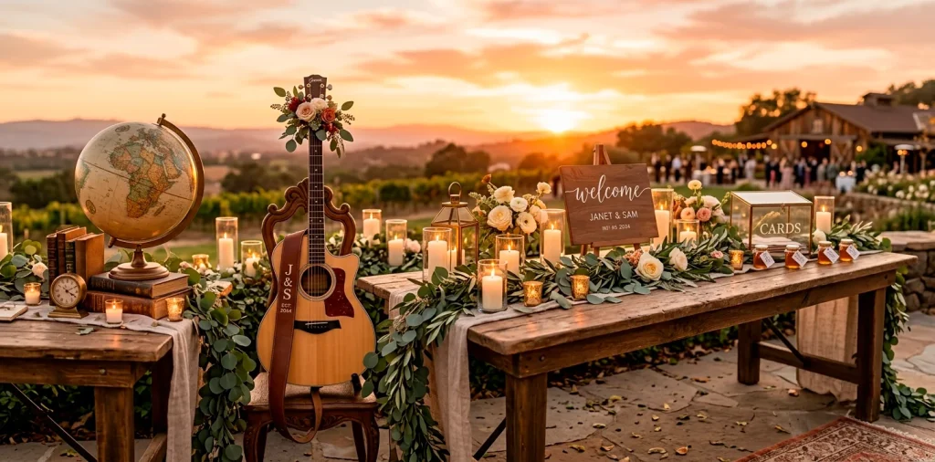 Beautifully styled rustic wedding welcome table featuring a wooden globe and acoustic guitar as unique guest book alternatives.