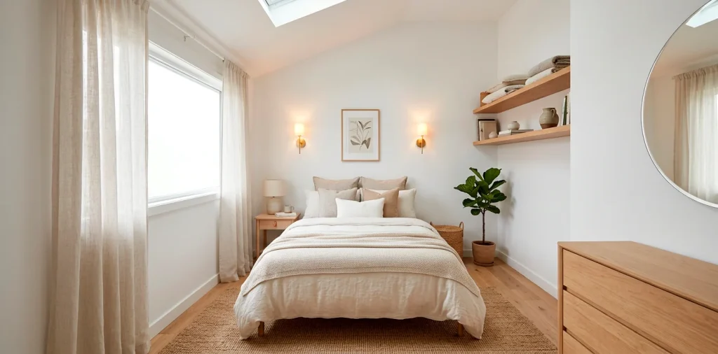 Small bedroom with bright layered lighting and cozy neutral decor.