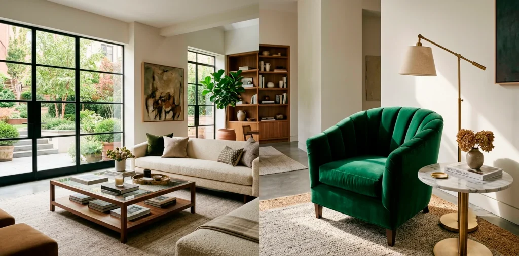 Emerald green velvet accent chair in a modern sunlit living room with a brass floor lamp.
