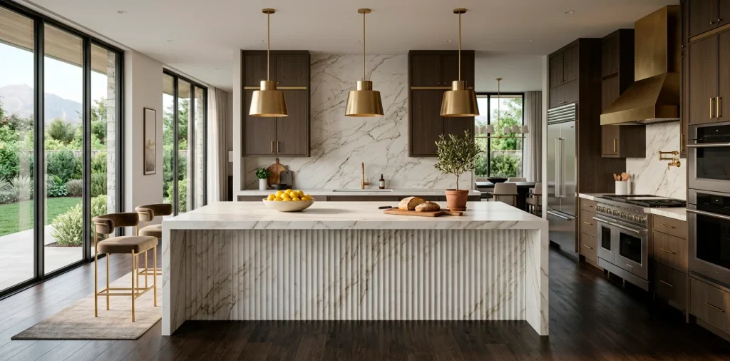 Wide view of a luxurious contemporary kitchen featuring a large fluted Calacatta marble island and brushed gold lighting.