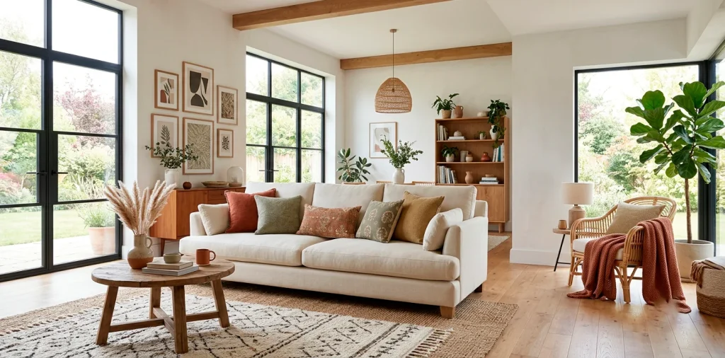 A cozy modern living room with a cream sofa styled with colorful textured decorative pillow sets in rust and green.