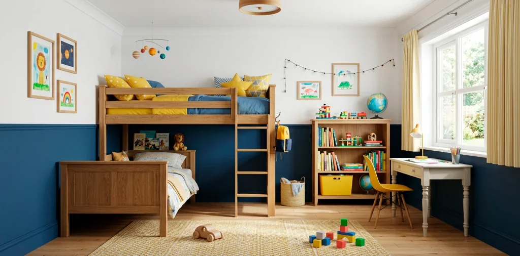 Wide view of a kids bedroom featuring split navy blue and bright white walls with wooden bunk beds.