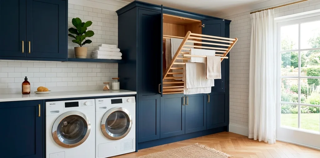 Clever built-in wooden drying rack extended from navy blue cabinets in a small bright laundry room.