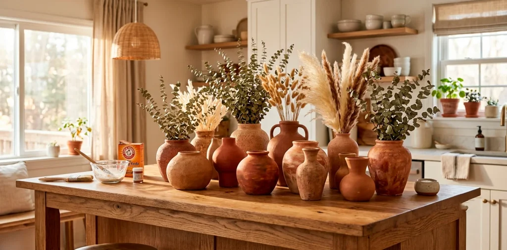 A collection of beautiful DIY faux terracotta vases styled on a modern kitchen island with dried florals