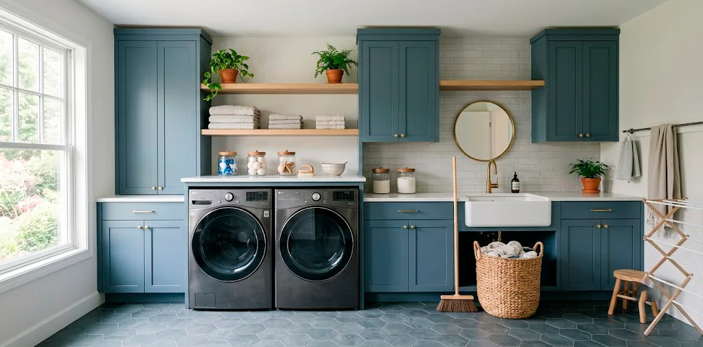 Beautiful slate blue laundry room interior with modern appliances and warm wood shelves.