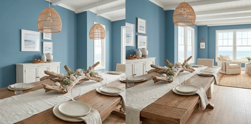 Sophisticated coastal dining room with large driftwood table centerpiece and dusty blue walls