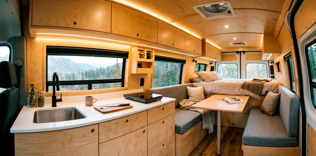 Beautiful seamless cabinetry inside a modern camper van interior with warm LED lighting