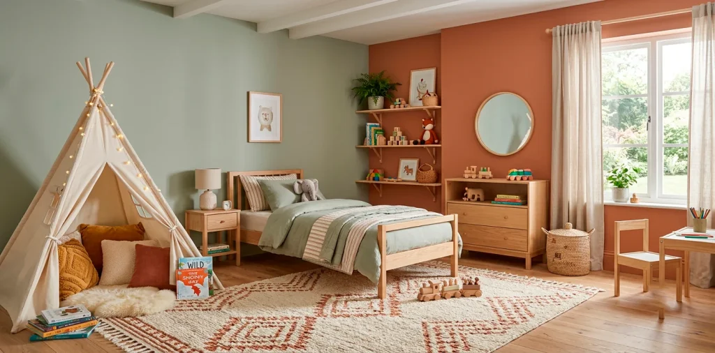 A calming sensory-friendly kids bedroom with a cozy play tent, soft lighting, and muted green walls.