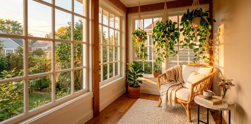Cozy tiny sunroom decorating ideas with petite rattan chair, hanging plants, and sunlight streaming through windows.