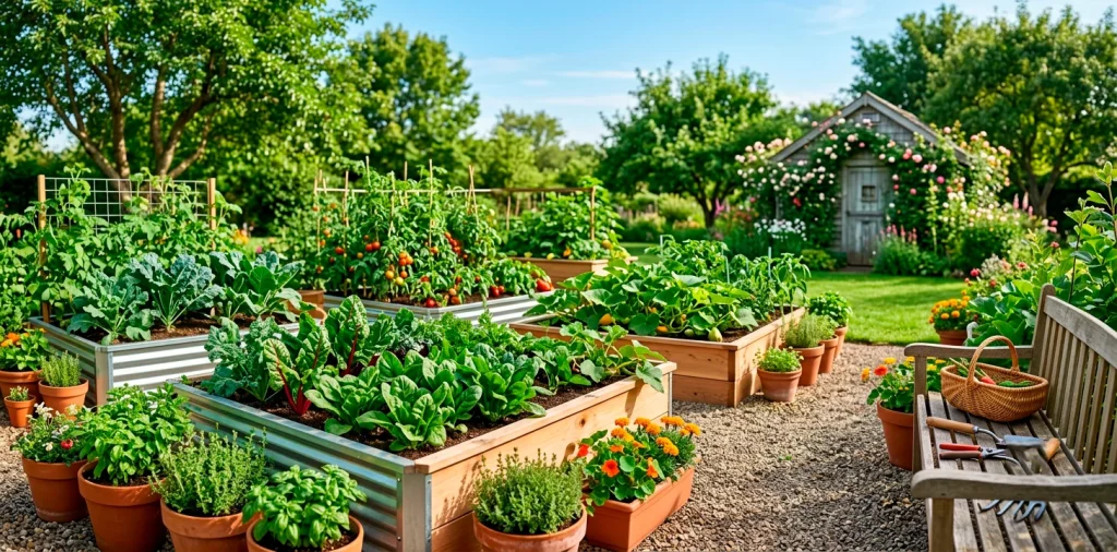 A beautiful backyard featuring a mix of galvanized metal and wooden raised garden beds filled with lush vegetables.