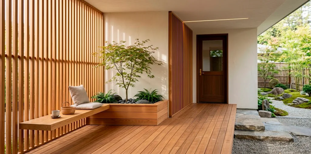 Warm wood Japandi style porch with minimalist floating bench and slatted privacy screens in natural sunlight.