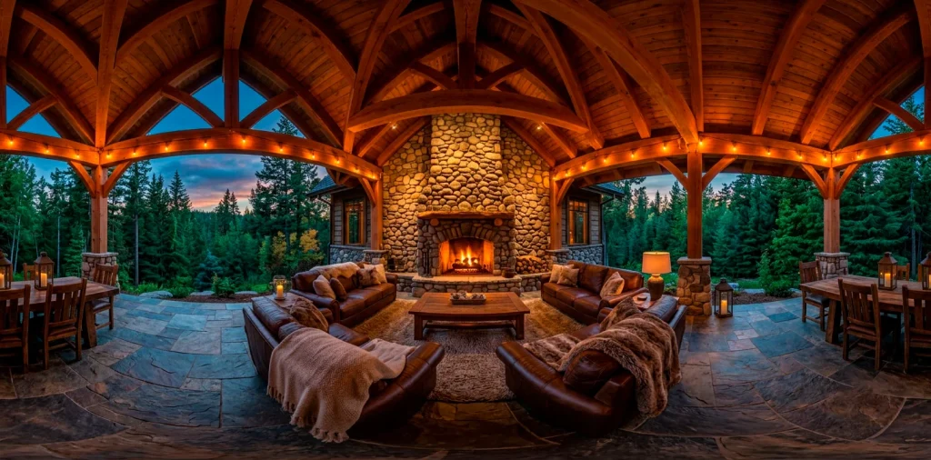 Luxury rustic covered patio featuring massive exposed wood beams and a glowing stone fireplace at dusk.