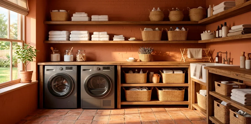 Warm terracotta laundry room with earthy floor tiles, rustic wooden shelves, and modern matte washing machines.