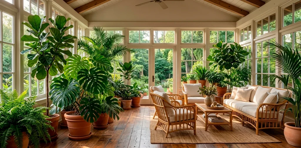Luxurious enclosed porch decorated with oversized tropical plants and rattan furniture