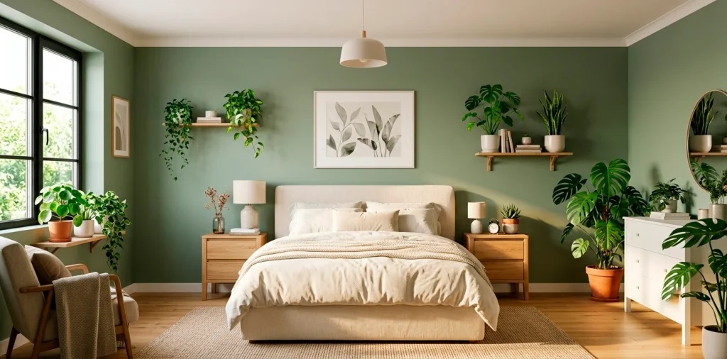 Relaxing sage green apartment bedroom with cream bedding and natural wood accents