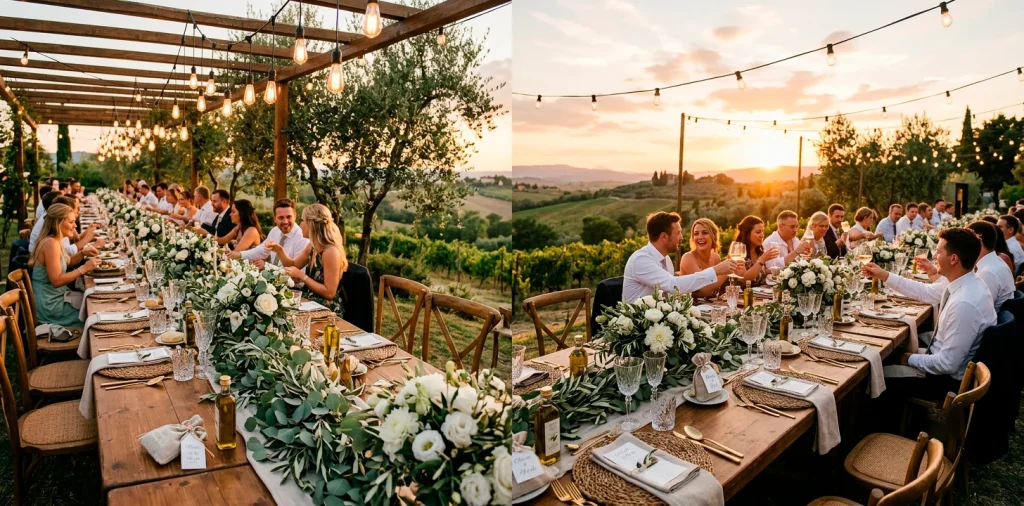 Elegant rustic outdoor wedding reception table featuring practical wedding favors at sunset