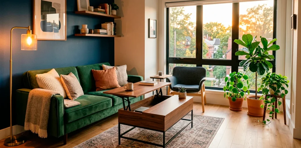 Cozy small living room interior showing modern space-saving furniture like a sleeper sofa and storage coffee table.