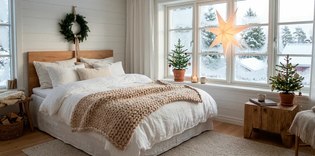 Cozy Scandinavian holiday bedroom with crisp linens, chunky throw, and minimalist paper star light.