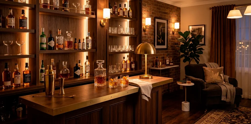 A beautifully styled home bar featuring cohesive brass accents, dark wood shelving, and elegant glass decanters.