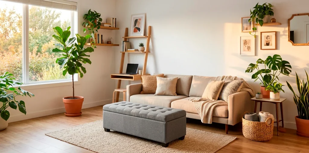 Beautifully styled small living room featuring smart furniture like a storage ottoman and modular sofa