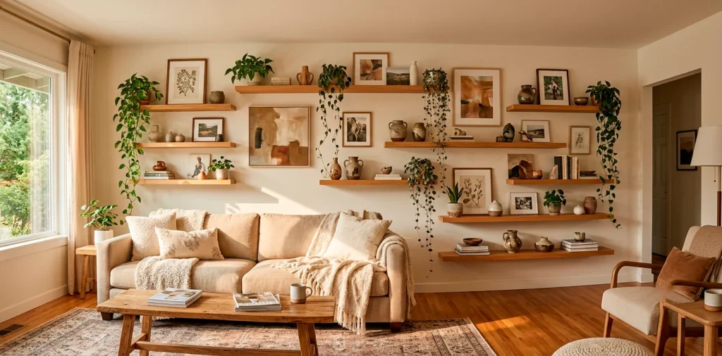 Beautifully styled living room gallery wall with floating wood shelves displaying art and plants.