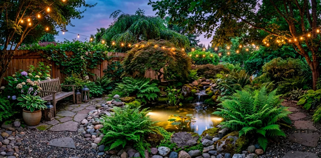 Lush backyard corner featuring a mini pond with ferns, rocks, and soft evening lighting.