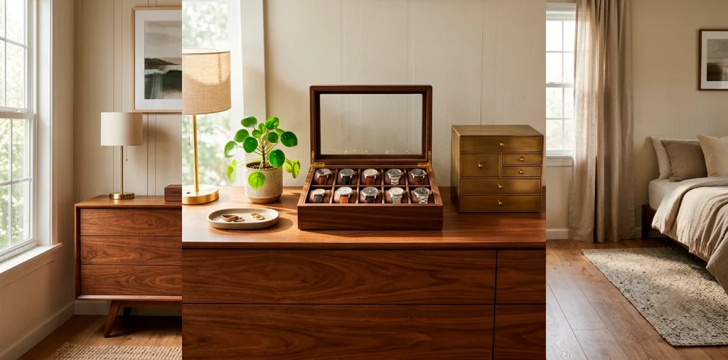 A luxurious wooden watch box and brass jewelry chest sitting elegantly on a stylish bedroom dresser.