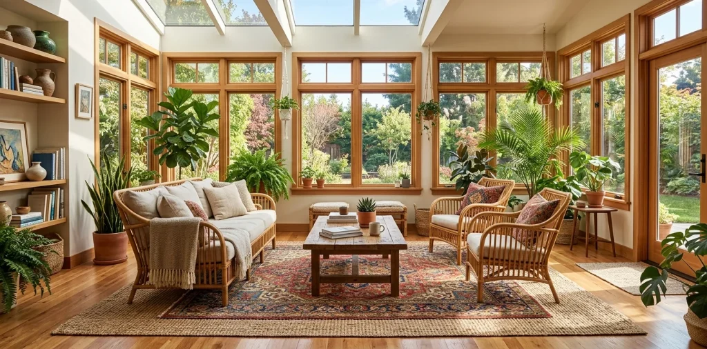 Beautiful sunroom interior featuring a patterned rug layered perfectly over a chunky natural jute rug.