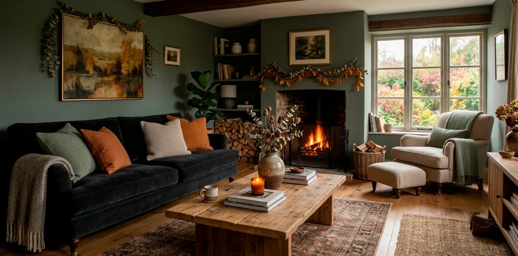 Cozy autumn living room featuring moody sage green decor and natural wood accents