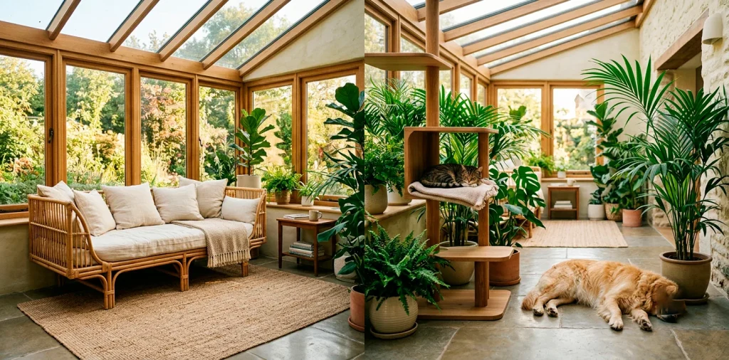 Bright pet-friendly sunroom featuring durable furniture, a cozy wooden cat tree, and a golden retriever resting in natural sunlight.