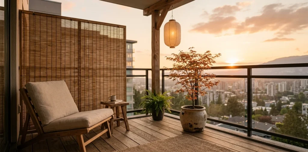 Serene Japandi style balcony featuring low-profile wooden furniture, bamboo screens, and a minimalist paper lantern.